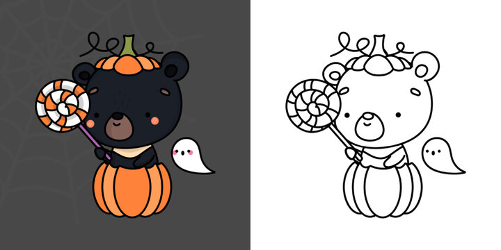Set Clipart Halloween Bear Coloring Page and Colored Illustration. Kawaii Halloween Himalayan Bear. Cute Vector Illustration of a Kawaii Halloween Animals in a Pirate Costume.
