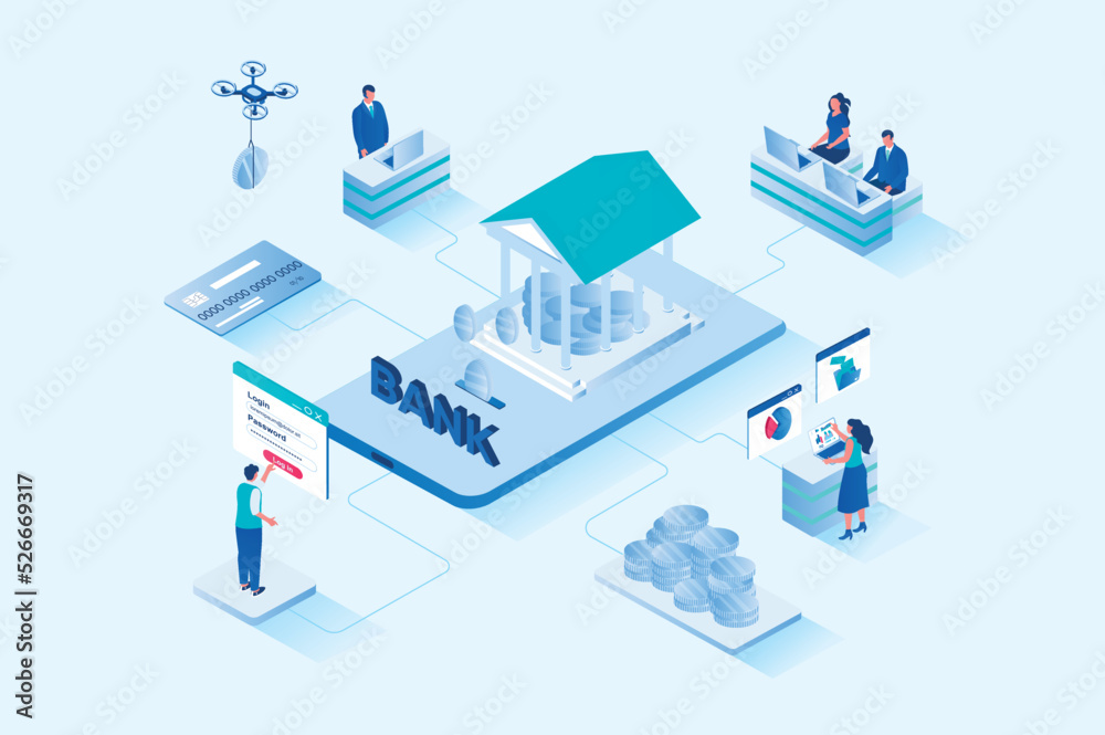 Poster mobile banking 3d isometric web design. people use online banking services, manage personal financia