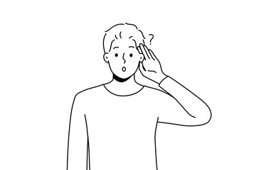 Young man make hand gesture listening to news on information. Confused male wonder about gossip or hearsay. Vector illustration. 