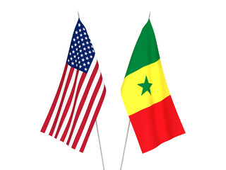 National fabric flags of America and Republic of Senegal isolated on white background. 3d rendering illustration.