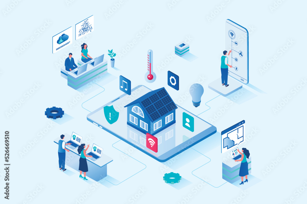 Aufkleber Smart home 3d isometric web design. People monitor and control sensors in house from mobile application, set up sensors for temperature, lighting, security systems and other. Vector web illustration