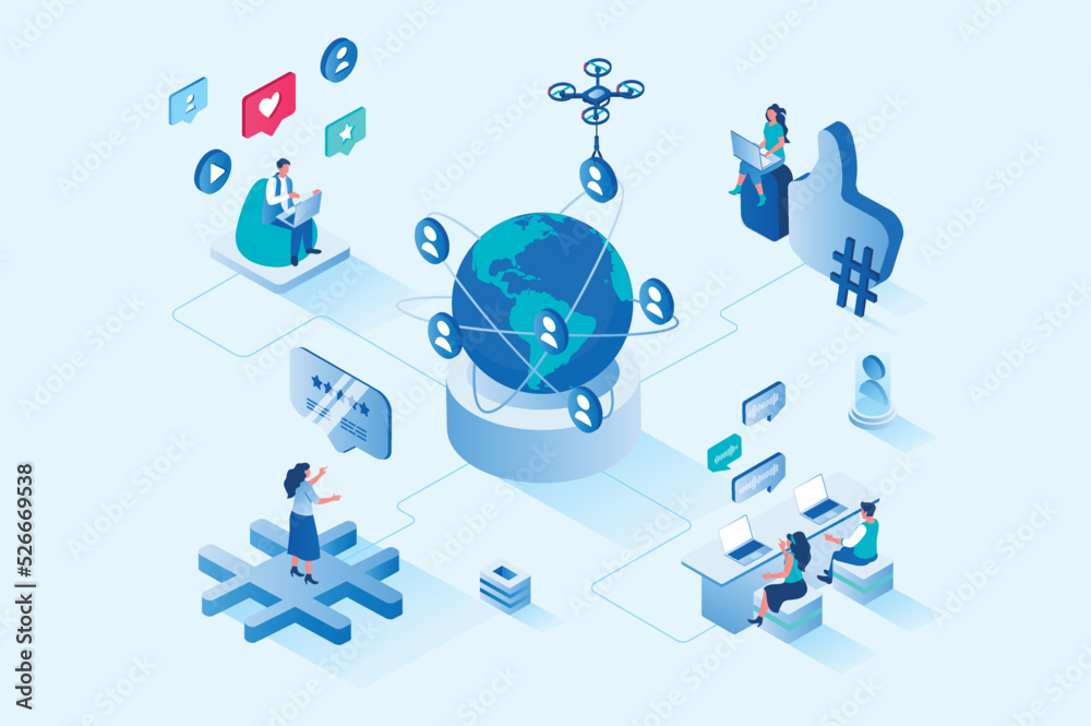 Poster social network 3d isometric web design. people communicate online with community of friends, view vi