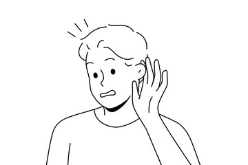 Man make hand gesture hearing gossip or rumor. Frustrated male listening to hidden or secret information. Vector illustration. 