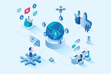 Social network 3d isometric web design. People communicate online with community of friends, view virtual content, like and comment on posts, browsing and online chatting. Vector web illustration