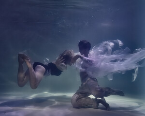 fashionable man and woman in glasses underwater on a dark blue background in the pool