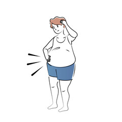 Overweight causes obesity. Men worry about  own weight gain and big belly,Vector illustration.