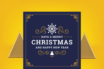Merry Christmas dark blue premium congratulations greeting card curved vintage ornate design vector