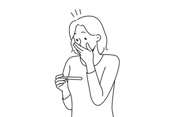 Stunned woman looking at test get to know about pregnancy. Surprised woman shocked with pregnancy news. Vector illustration. 