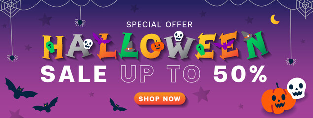 Cute advertising Halloween cartoon online marketing promotion sale up to 50% web banner invitation card vector violet background ghost, skull, pumpkin, jack o lantern, bat, spider web shop now button
