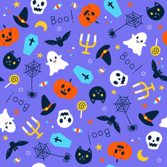 Cute Happy Halloween cartoon seamless pattern vector violet background ghost, skull, pumpkin, jack o lantern, bat, black cat, spider web, candlestick, lollipop candy, coffin, witch hat, boo, moon