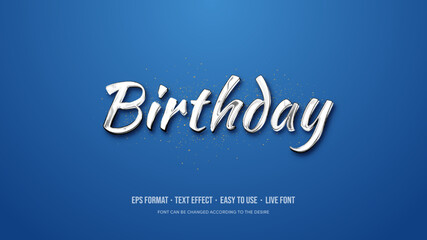 Birthday text effect with 3d white writing on blue background.