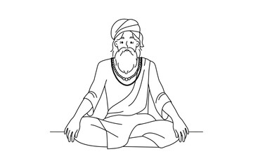 Old man in traditional clothes sitting in lotus position meditating. Elderly male yogi practice yoga. Culture and tradition. Vector illustration. 