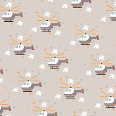 Helicopter flying in spring and flowers pattern
