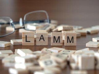 lamm Wort oder Konzept dargestellt durch hölzerne Buchstabenfliesen auf einem Holztisch mit Brille und einem Buch
