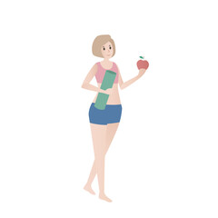 Woman in exercise clothes holding Yoga mat and apple in hand,diet to lose weight,Waist and Body Shape Slim Fit,vector illustration.