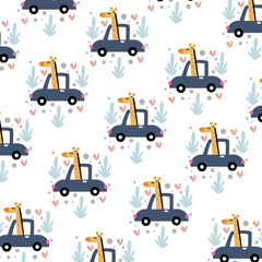 cute giraffe pattern riding on a car with happy spring theme. watercolor illustration