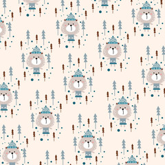 Cute bear pattern with fir tree in sunny season