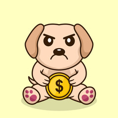 Vector illustration of premium cute dog holding gold coin