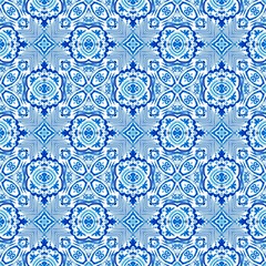 Blue white watercolor azulejos tile background. Seamless coastal geometric floral mosaic effect. Ornamental arabesque all over summer fashion damask repeat