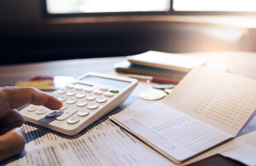 Select focus on finger touch on plus button on calculator with bank passbook and life insurance documents, Concept life insurance plan and savings