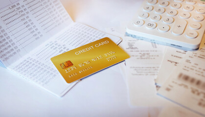 Close up view, mock up of credit card on saving account book and statement from bank with...