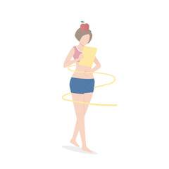 Effective diet tips and weight loss,A slender woman has an apple on her head and tape measure around her waist,vector illustration.