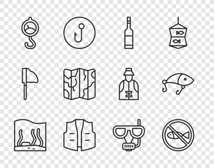 Set line Aquarium, No fishing, Bottle of vodka, Fishing jacket, Spring scale, Folded map, Diving mask and snorkel and lure icon. Vector