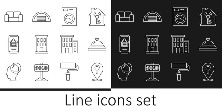 Set line Location key, Hotel service bell, Washer, House, Online real estate house, Sofa, and Garage icon. Vector