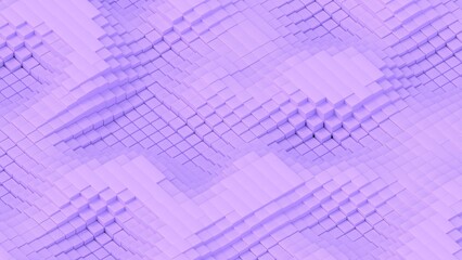 Abstract background with waves made of a lot of purple cubes geometry primitive forms that goes up and down under black-white lighting. 3D illustration. 3D CG. High resolution.