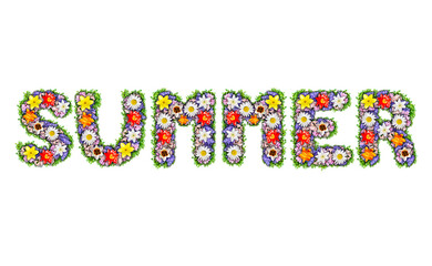 The word Summer is made of flowers on a white background