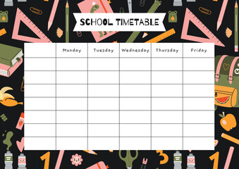 Cute school timetable with stationery and art supplies, cartoon style. Lesson schedule for 5 days. Back to school. Trendy modern vector illustration, hand drawn, flat