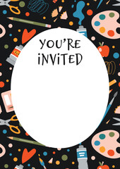 Invitation Card Template - You are invited with art supplies, cartoon style. Trendy modern vector illustration, hand drawn, flat