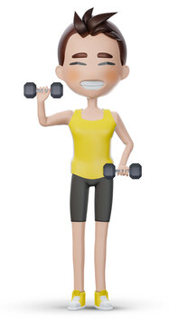 3d render , Sport boy doing Fitness with the dumbbell curl in left and right arm , man engaged in fitness and yoga