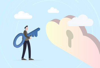 Cloud Data Storage Security Service Protects. Man character is holding a big blue key and wants to unlock the protected data by inserting it into the key slot in the cloud.