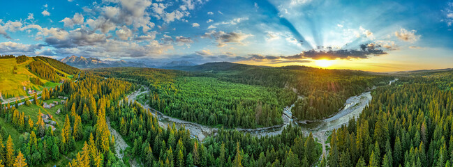 Sunrise over river in tatras Mountains. Aerial Drone Panoramic view - obrazy, fototapety, plakaty