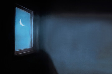 surreal blue light of the moon enters a room window illuminating it, concept of power and beauty of nature