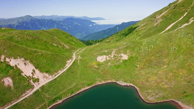 Summer Rural Beauty Of Mountains, Shuamta Lake In Highland Village Of Georgia