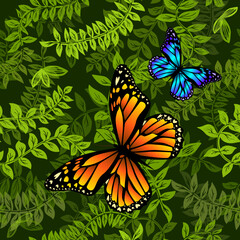Beautiful seamless pattern with tree branches on a dark background with a butterflies. Perfect background. Vector illustration