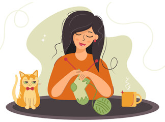 Girl knit. Knitting clothes, a woman sits at a table and knits socks for the winter. Cozy home interior with young woman, cat and cup of coffee, vector illustration in cartoon flat style.