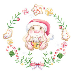 Merry Christmas wreath with rabbit, white background.