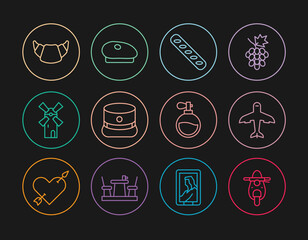 Set line Scooter, Plane, French baguette bread, Kepi, Windmill, Croissant, Perfume and beret icon. Vector