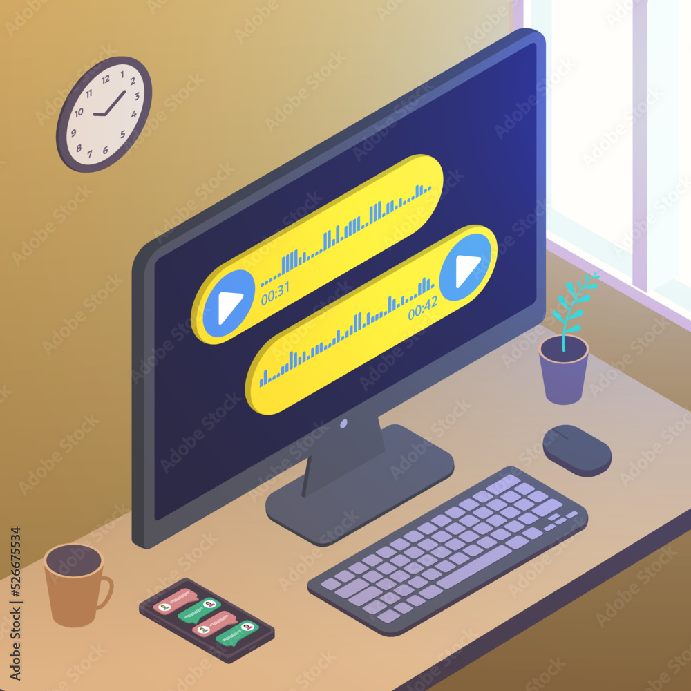 Poster voice message bubbles on desktop screen isometric vector icon concept. voice mail event notification