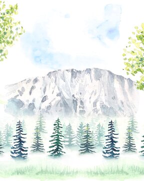 Abstract landscape watercolor background of mountains and forest