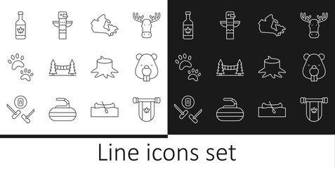 Set line Pennant Canada, Beaver animal, map, Capilano Suspension Bridge, Paw print, Beer bottle, Tree stump and Canadian totem pole icon. Vector