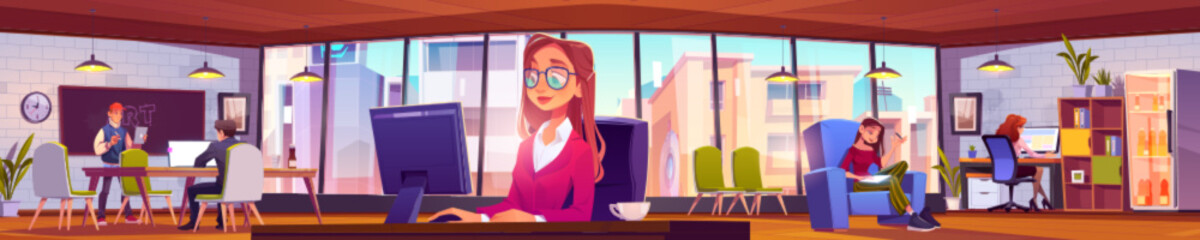 People work in office or coworking area. Relaxed creative team sitting at desks and armchairs in modern space with wide windows developing business idea or project Cartoon vector illustration © klyaksun