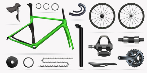 3d illustration, set of spare parts of bicycle components