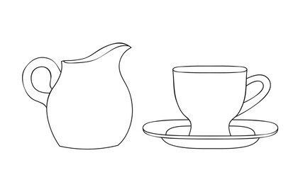 Silhouette of tea couple and milk jug. Mug and saucer. Creamer jug for serving with tea, coffee and hot drinks. Tradition of drinking coffee with milk. Sketch, linear drawing in minimalist style