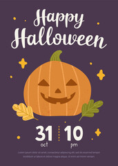 Halloween party poster template with happy pumpkin and calligraphy lettering. Cute halloween placard.