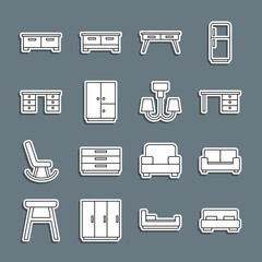 Set line Big bed, Sofa, Office desk, Wardrobe, Chest drawers and Chandelier icon. Vector