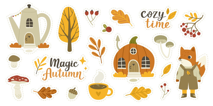 Cozy autumn sticker pack with baby fox and fairy tale houses. Cute cartoon fall season set.